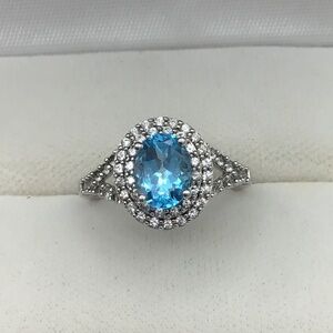 Vintage Signed SUN Sterling Silver Halo Ring Blue Faceted Gem 925